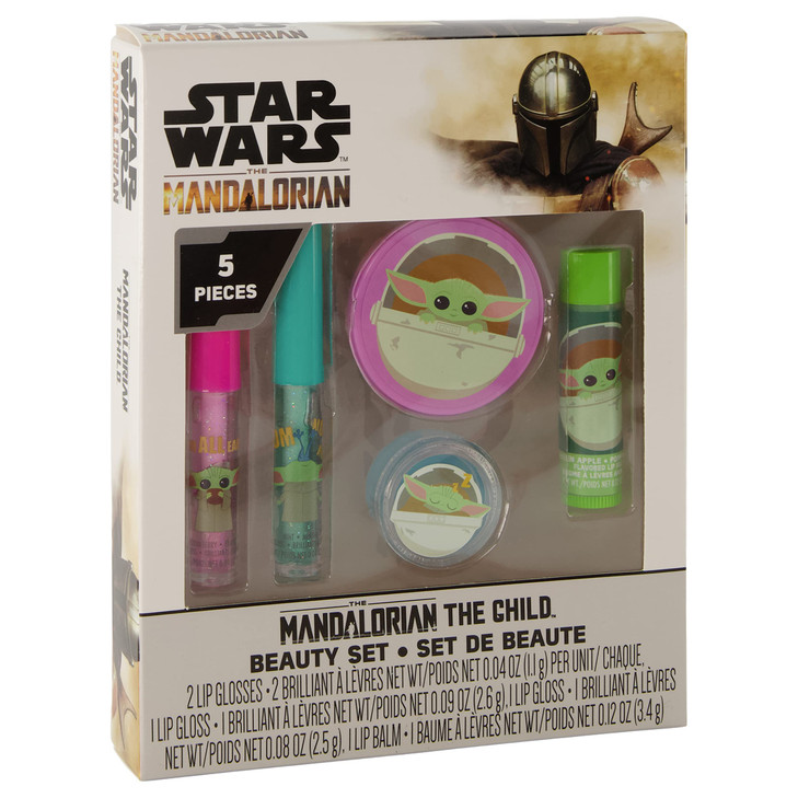 Mandalorian Baby Yoda Die Cut Lip Gloss Beauty Set  Includes 4 Flavored Lip Glosses and 1 Green Apple Flavored Lip Balm, Star Wars Themed Makeup Kit