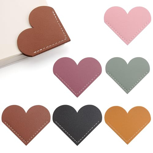 6 Pieces Leather Heart Bookmarks, Cute Corner Page Book Marks for Kids Women Book Accessories for Reading Lovers Teacher Handmade Gifts for School Of