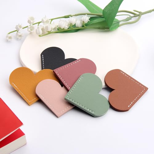 6 Pieces Leather Heart Bookmarks, Cute Corner Page Book Marks for Kids Women Book Accessories for Reading Lovers Teacher Handmade Gifts for School Of