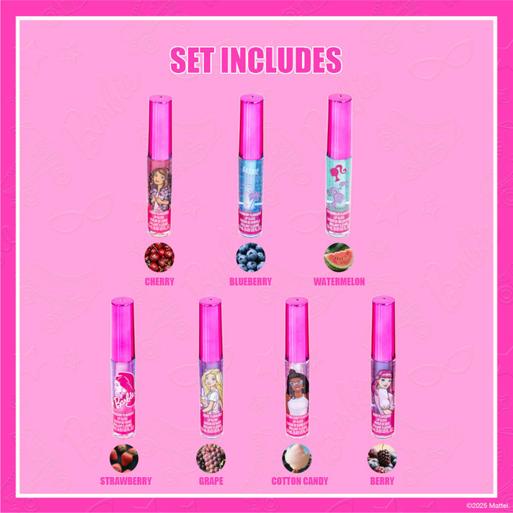 Barbie 7 Piece Plant Based Lip Gloss, Girls Party Favors, First Makeup Set for Girl, Perfect for Parties, Sleepovers, and Birthday Gifts, Ages 3+, by