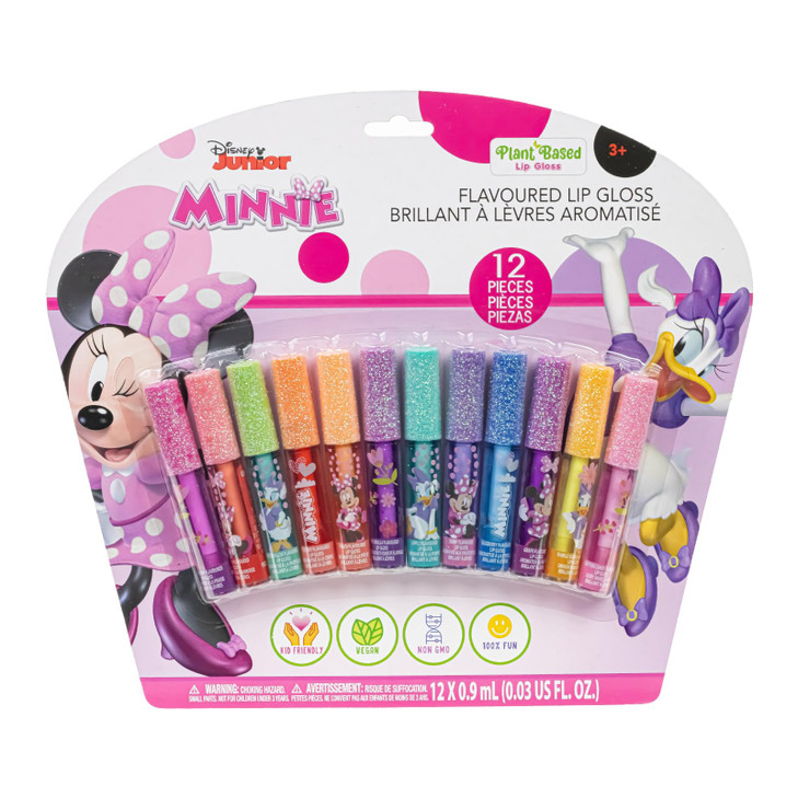 Disney Minnie Mouse 12 Piece Plant Based Lip Gloss, Girls Party Favors, First Makeup Set for Girl, Perfect for Parties, Sleepovers, and Birthday Gift