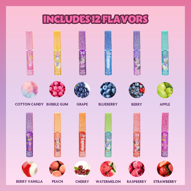 Disney Minnie Mouse 12 Piece Plant Based Lip Gloss, Girls Party Favors, First Makeup Set for Girl, Perfect for Parties, Sleepovers, and Birthday Gift