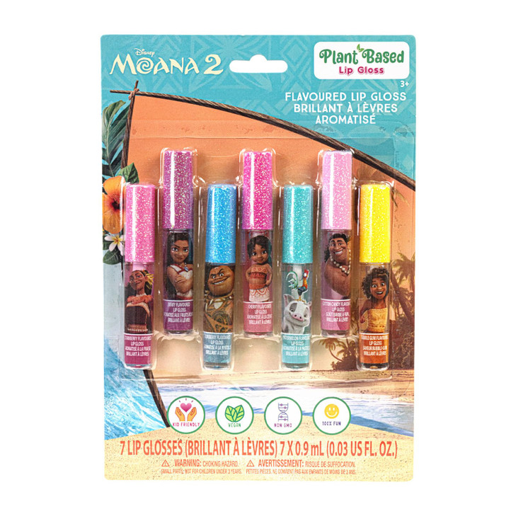 Disney Moana 7 Piece Plant Based Lip Gloss, Girls Party Favors, First Makeup Set for Girl, Perfect for Parties, Sleepovers, and Birthday Gifts, Ages