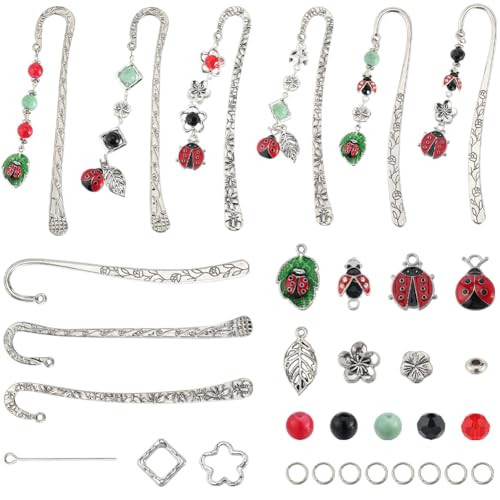 SUNNYCLUE 1 Box DIY 6 Sets Bookmark Kits Carved Hook Bookmarks With Loop Metal Bookmark Hairpin Hook Bookmarks Bulk Spring Insect Ladybug Bookmark Cl