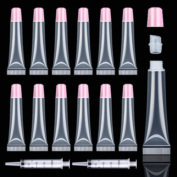 AMORIX 50PCS Lip Gloss Tubes 15ml Pink Cap Lip Gloss Containers Empty Lip Balm Tubes Cosmetic Squeeze Lipgloss Tubes + 2 x 20ml Syringes Tag Labels f