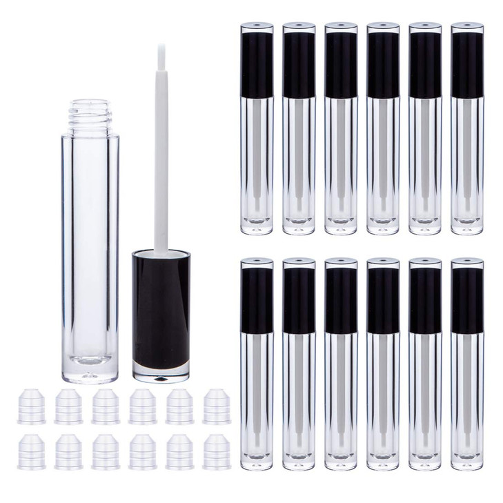 Lip Gloss Brush Wand Tubes Empty, 12 Pack 5ml Lip Gloss Containers with Wand, 12 Black Lip Gloss Tubes with Rubber Stoppers for DIY Lip Gloss Balm (B
