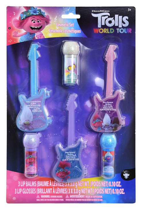 Trolls 2 Shaped Lip Gloss & Lip Balm Cosmetic Set - 6 Piece Beauty Kit for Kids on Blister Card with Microphone-Shaped Flavored Lip Balm & Guitar-Sha