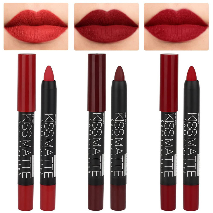 evpct 3Pcs Dark Red Lip Liner Pencil Set, Deep Ruby Red Matte Lipstick Long Lasting for Women, Lipstick and Lip Liner Crayon Set, Lipliner Pencil, Ma