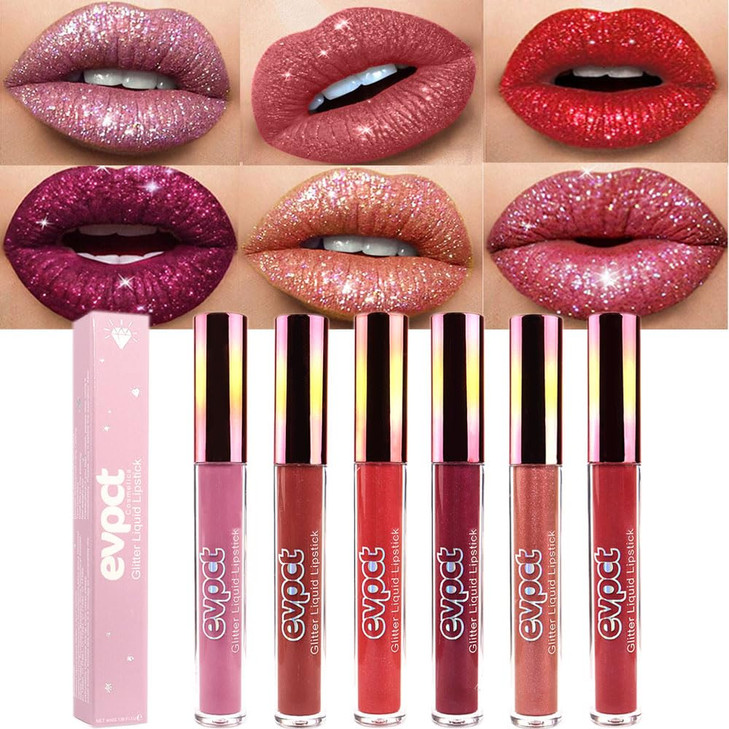 evpct 6Pcs Diamond Lip Gloss Matte to Glitter Liquid Lipstick Waterproof, Metallic Metal Shimmer Liquid Diamond Glitter Sparkle Sparkling Lipstick Li