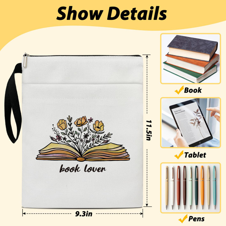 Floral Flowers Book Sleeve, Book Lovers Gifts Book Pouch Book Sleeve with Zipper and Front Pocket Reader Gifts Birthday Gifts for Adult Teen Teacher