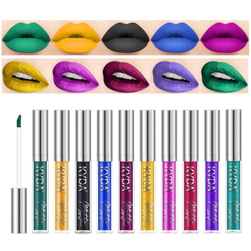 KYDA 10 Colors Lipstick Set, Green Lipstick Metallic Lipstick Set, Non-Stick Cup Long Wear Lip Glaze, High Pigmented Lipstick Cosmetic Gift Kit for G