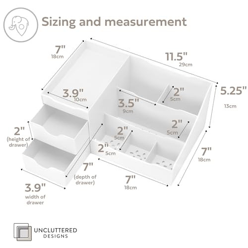 Uncluttered Designs Large Makeup Organizer for Vanity - Countertop Desk With Drawers for Cosmetic, Beauty, Hair, Nail, Perfume & Skincare - Perfect f