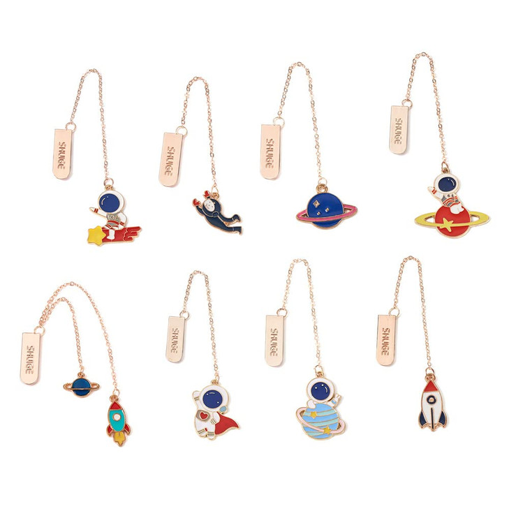 Beadthoven 8pcs Space Theme Metal Bookmarks with Chain Metal Enamel Charms Cute Astronaut Planet Rocket Metal Book Marker Page Clip Pendants for Stud