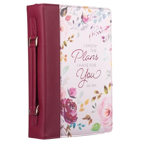 Christian Art Gifts Fashion Bible Cover I Know The Plans Floral Jeremiah 29:11 Faux Leather, Pink/Plum, Medium