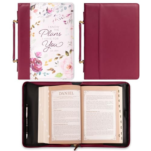Christian Art Gifts Fashion Bible Cover I Know The Plans Floral Jeremiah 29:11 Faux Leather, Pink/Plum, Medium