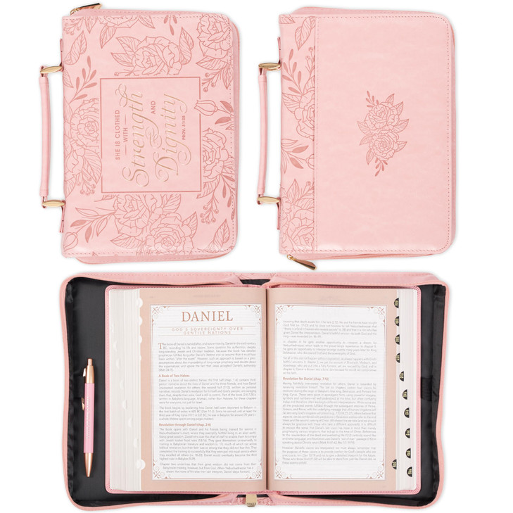 Christian Art Gifts Premium Vegan Leather Fashion Floral Bible Cover for Women: Strength & Dignity - Prov. 31:25 Inspirational Scripture Verse Carry