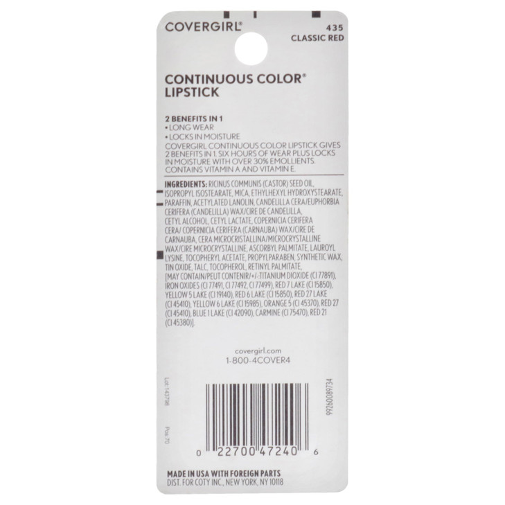 COVERGIRL Continuous Color Lipstick Classic Red 435, .13 oz (packaging may vary)