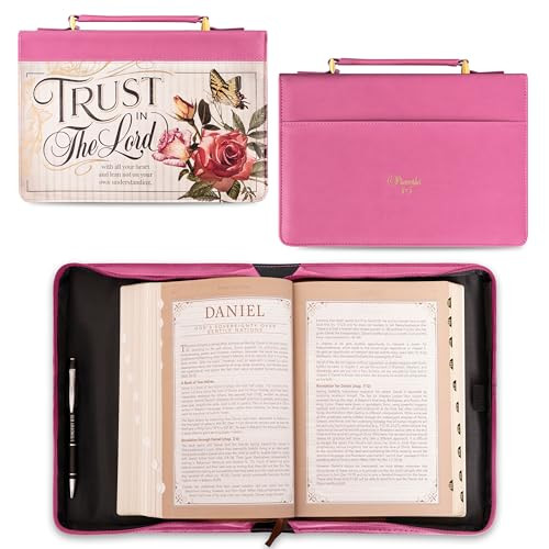 Christian Art Gifts Rose Pink Floral Fashion Bible Cover for Women: Trust in The Lord - Prov. 3:5 Inspirational Scripture Verse, Vintage Vegan Leathe