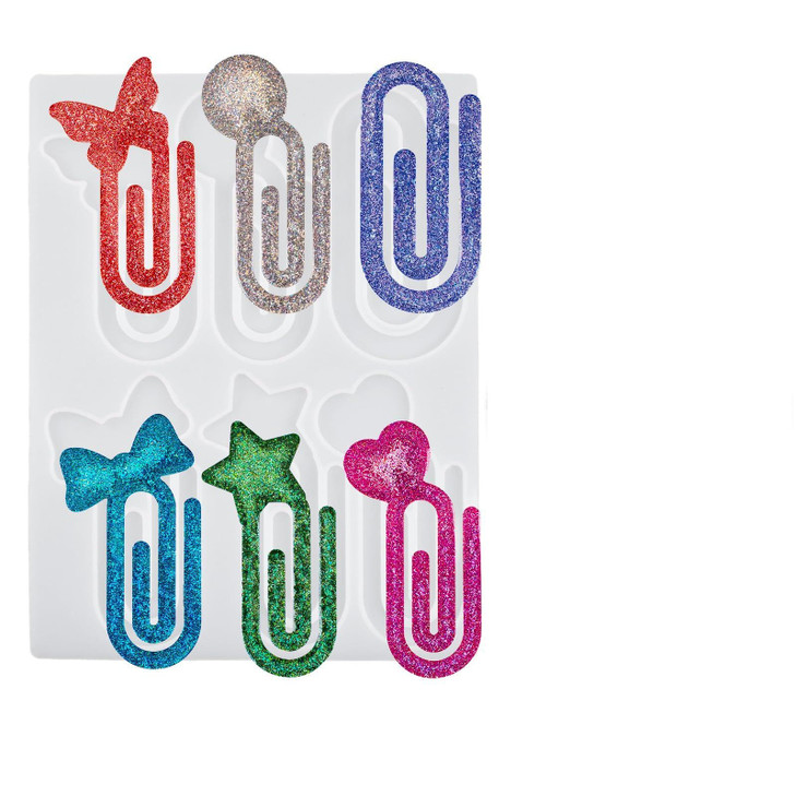 Ryetvok Resin Bookmark Molds 6-Cavity, 7.87 x 6.02'' Paperclip Shape Silicone for Epoxy Resin, Jumbo Paper Clips Bookmark Molds with Butterfly Heart
