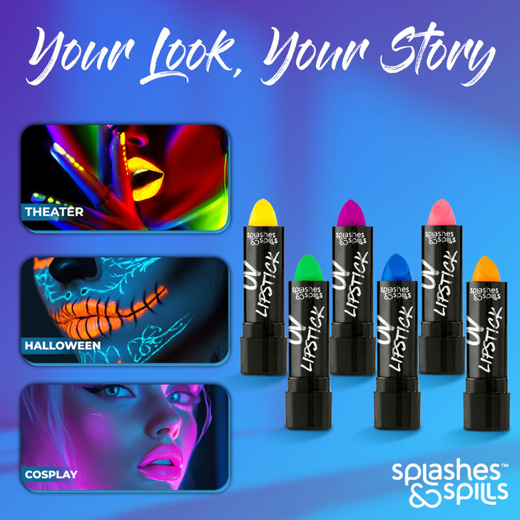 splashes & spills UV Blacklight Lipstick - 6 Color Variety Pack, 3.7g - Day or Night Stage, Clubbing or Costume Makeup
