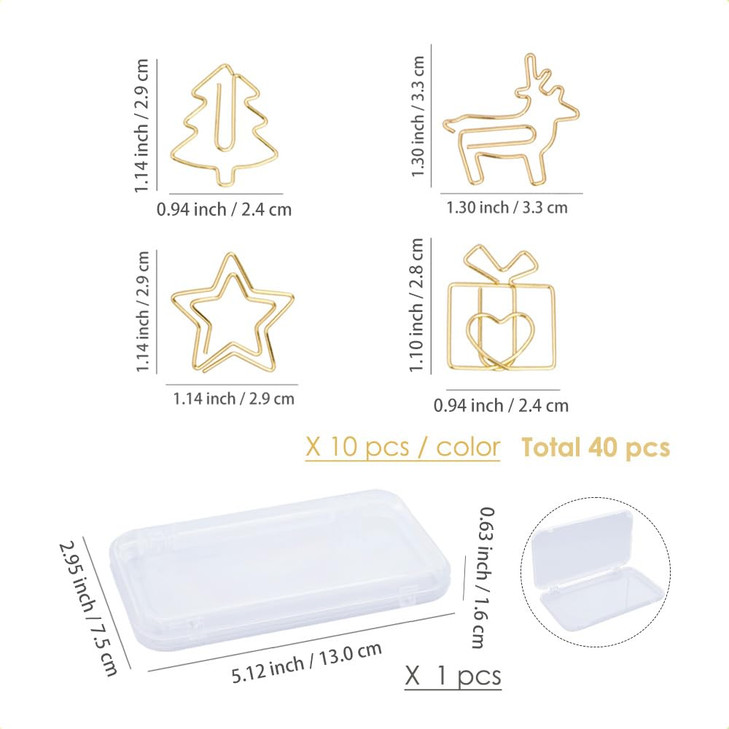 OWLFAVO 40Pcs Christmas Cute Paper Clips, Yellow Gold, Tree Gift Star Deer Shape, Funny Paperclips Bookmarks Planner Clips for Fun Office Supplies Sc