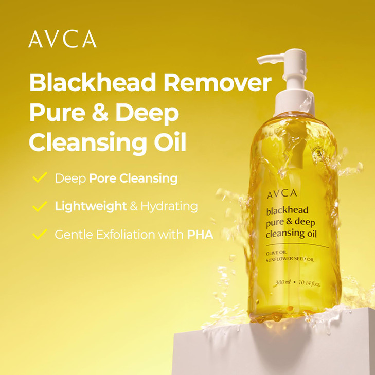 AVCA Blackhead Remover Cleansing Oil 10.14 fl oz (300 ml)  Makeup & Sebum-Dissolving Cleanser, PHA Gentle Exfoliator, Lightweight Pore Care, Korean