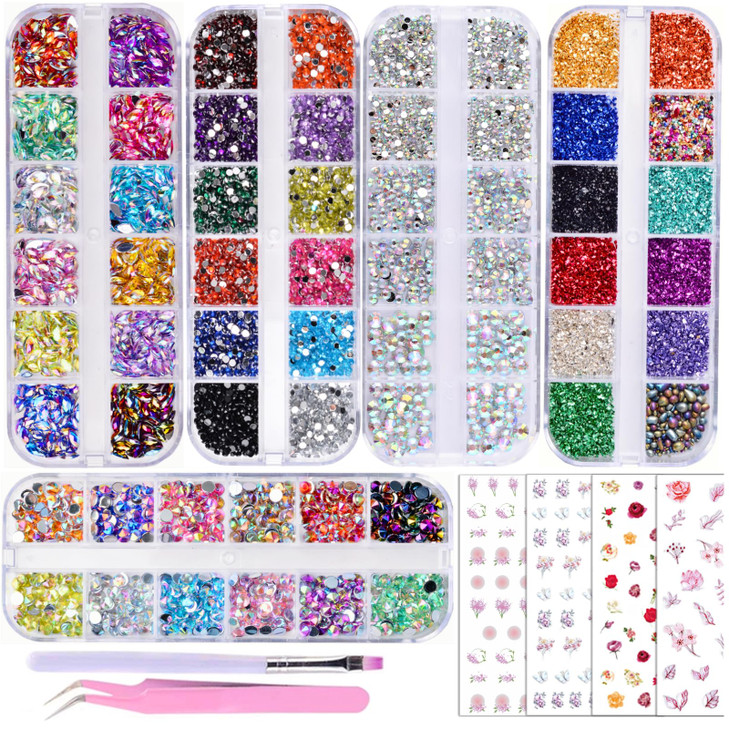 5 Boxes Gold & Silver Metal Nail 3D Punk Studs Star Moon Heart Triangle Square Rivet Gems Nail Art Jewels with a Curved Tweezers and a Nail Brush and