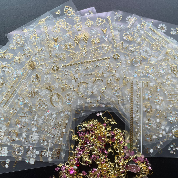 Zoance 20 Sheet 3D Nail Art Stickers,Gold/Diamond Design Luxury Embossed Self-Adhesive Nail Decals Customized Metallic Flower Nail Stickers for Women