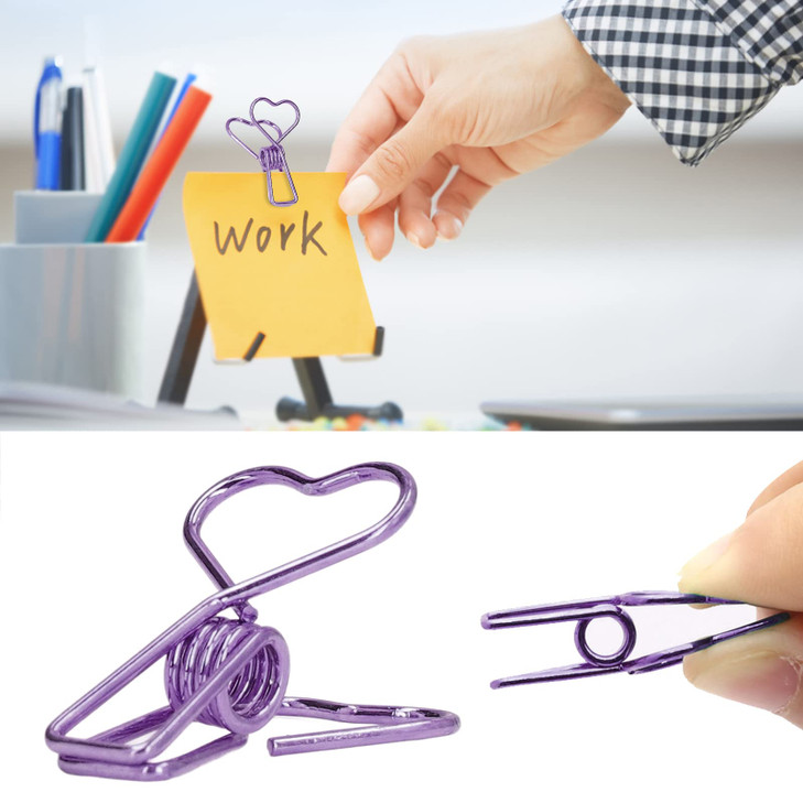 Zerodis 20pcs Heart Design Paper Clips, Bookmarks, Planner Clips, Hollow Out Metal Wire, Purple, 1.5 x 2.8cm / 0.6 x 1.1in