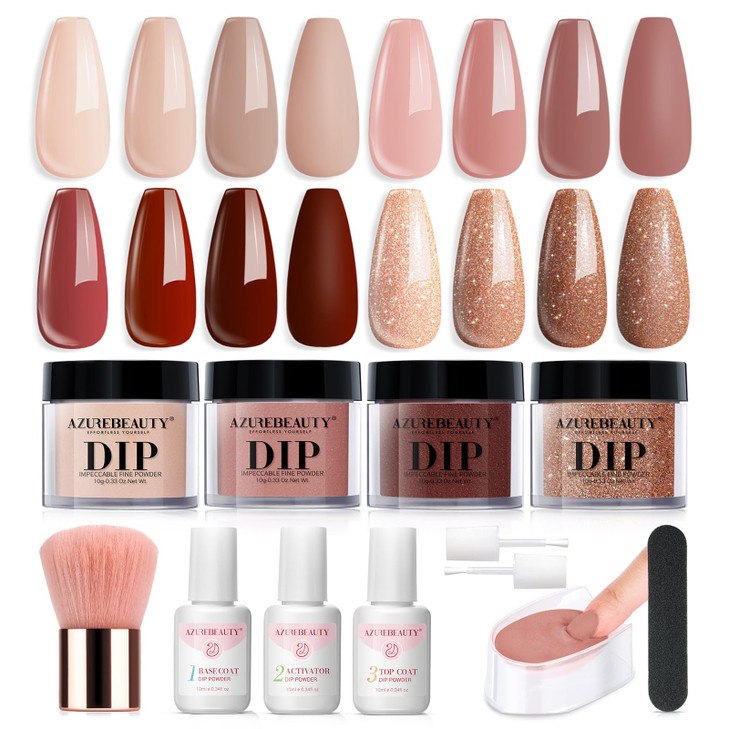 AZUREBEAUTY Dip Powder Nail Kit Starter, 4 Colors Skin Nude Brown Glitter, Dipping Powder Liquid Set with Base/Top Coat Activator for Daily French Na