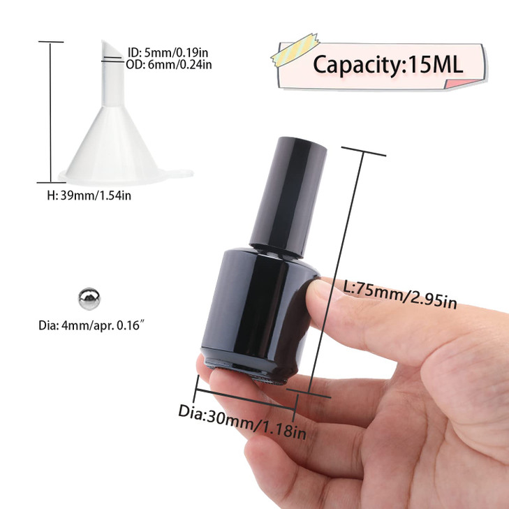 Empty Gel Nail Polish Bottles, 15ML Empty Nail Polish Bottles with Brush Matte Black, Opaque Round Refillable Fingernail Polish Bottles UV Safe with