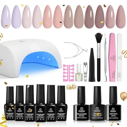 Beetles Gel Nail Polish Kit with Uv Light Base Gel Top Coat, 6 Colors Nude Neutral Nail Polish Starter Kit, Soak off Led Set DIY Manicure Home Nail E