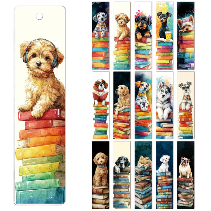 Peacoblue 30pcs UV DTF Bookmarks Transfer Stickers Wraps Dog and Stack of Books for Women Men Reading, Waterproof Bookmarkers Decal(No Blank Bookmark