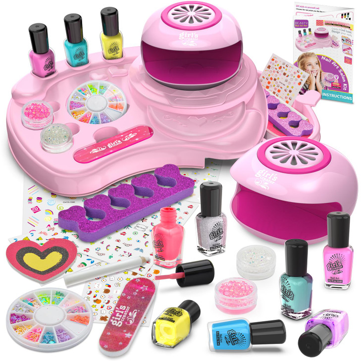 Amagoing Nail Polish Set for Girls Ages 7-12, Kids Nail Art Studio Kit, Non Toxic Quick Dry Nail Polish, Nail Dryer, Storage Desk, Glitter, Cool Girl