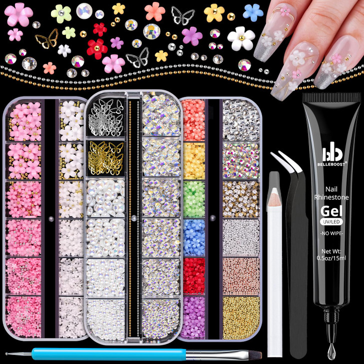 3D Flower Nail Charms and Gems, Cute Colorful Floral Charm Manicure Kit with Nail Rhinestone Glue Gel (UV Curing), Butterfly Caviar Beads Half Round