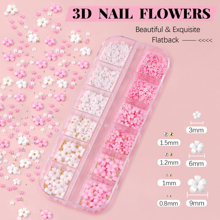 3D Flower Nail Charms and Gems, Cute Colorful Floral Charm Manicure Kit with Nail Rhinestone Glue Gel (UV Curing), Butterfly Caviar Beads Half Round