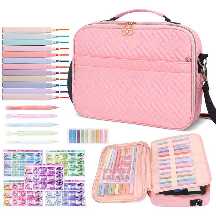 Pink Bible Cover Case for Women Girls, Large Bible Bag with Study Supplies, Bible Carrying Case with Strap Handle, Journaling Kit, Highlighters, Pens