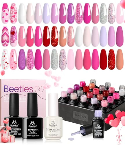 Beetles Pink Gel Polish Set 20 Colors Hot Pink Alluring Sweetie Collection Nude Purple Glitter Red Uv Gel Manicure Kit with Base Glossy and Glitter T