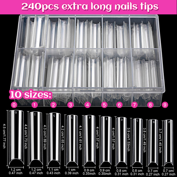 HNYYZL Extra Long Square ABS False Nail Tips, 240Pcs Kit with C Curve, Nail Glue, File for Salon Home DIY