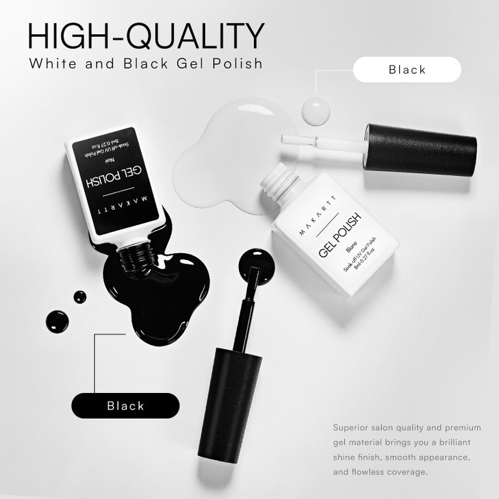 Makartt Gel Nail Polish Kit: Black White Nail Polish Set Noir & Blanc Soak Off Nail Gel Polish LED Required UV Gels Polish Kit Black Nails White Gel