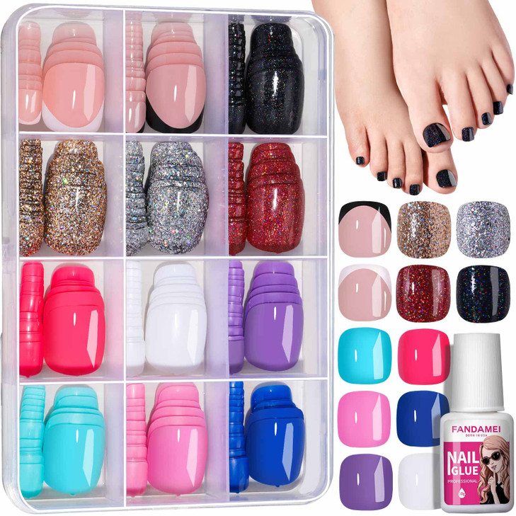 FANDAMEI Press on Toe Nails, 12 Colors 288PCS Press on Toenails Short Square, 4 Glitter Toenails Full Cover, 6 Glossy False Nails for Feet, 2 French