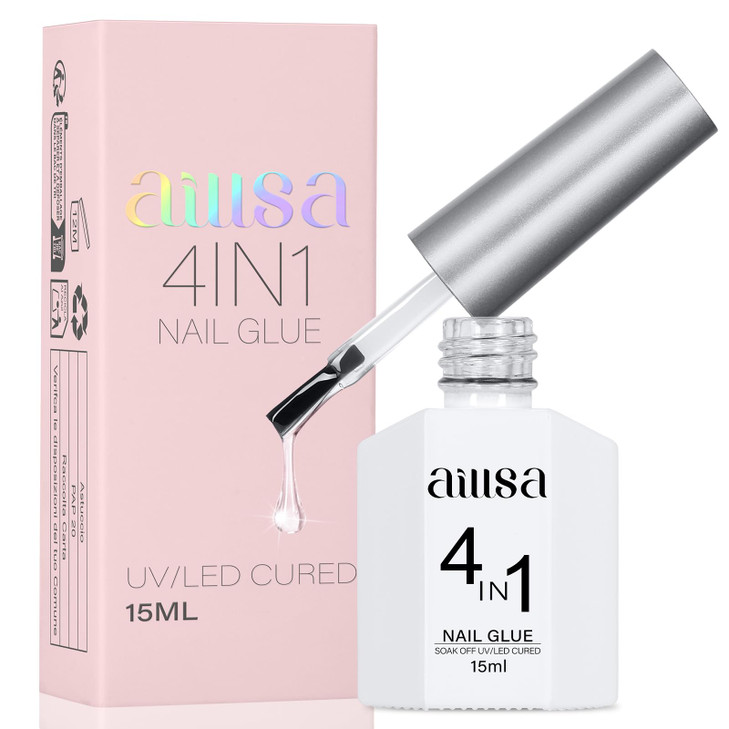 AILLSA Gel Nail Glue for Acrylic Nails, 4 in 1 Nails Gel Glue for Fake Nail Tips,15ML High Capacity Long Lasting Brush On Nail Glues for Rhinestone P