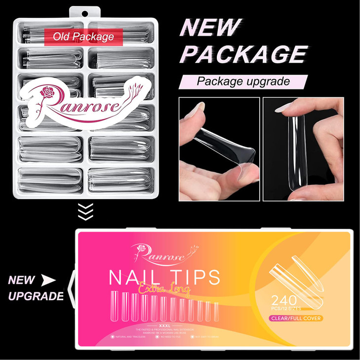 Ranrose Extra Long Nail Tips, 240PCS XXXL Long Square Acrylic Nails Full Cover Clear Long Straight Tapered Square Nail Tips 12 Sizes Pre-shaped Fake