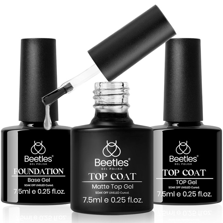 Beetles Matte Top Coat Gel Nail Polish Gel Top Coat & Base Set, 3Pcs Matte & Shiny Top Coat Nail Polish and Base Coat, No Wipe Long Lasting High Glos