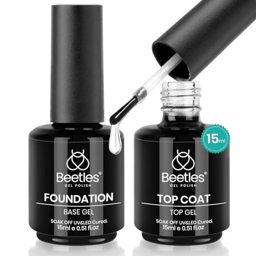 Beetles 2 Pcs 15ml No Wipe Gel Top Coat and Base Coat Set - Shine Finish and Long Lasting Soak Off LED Nail Lamp Gel Base Top Coat Finish Nail Art De