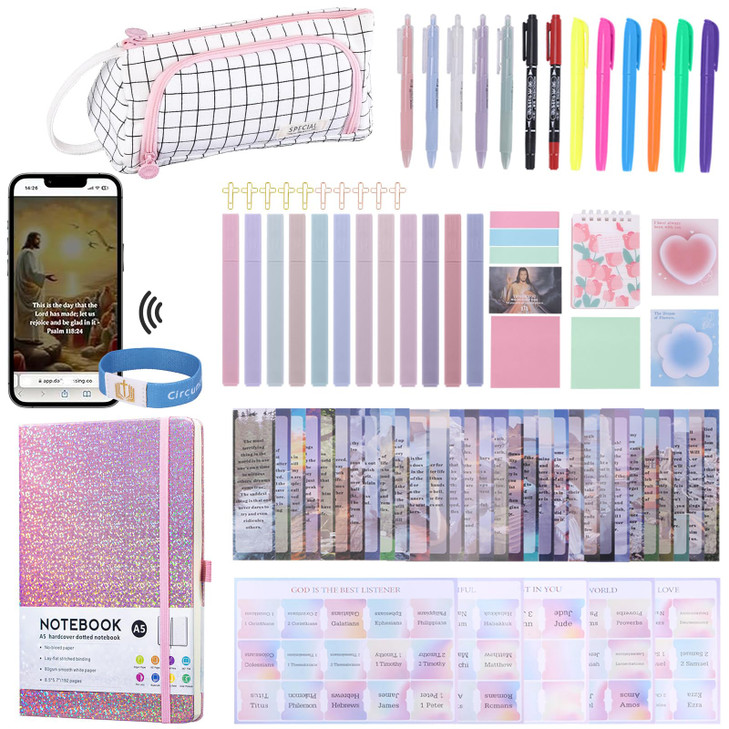 Bible Study Supplies with Daily Bible Verse Bracelets,Bible Journaling Kit for Women with Tabs Notebook and Pen Case Bible Bookmarks highlighters.Bib