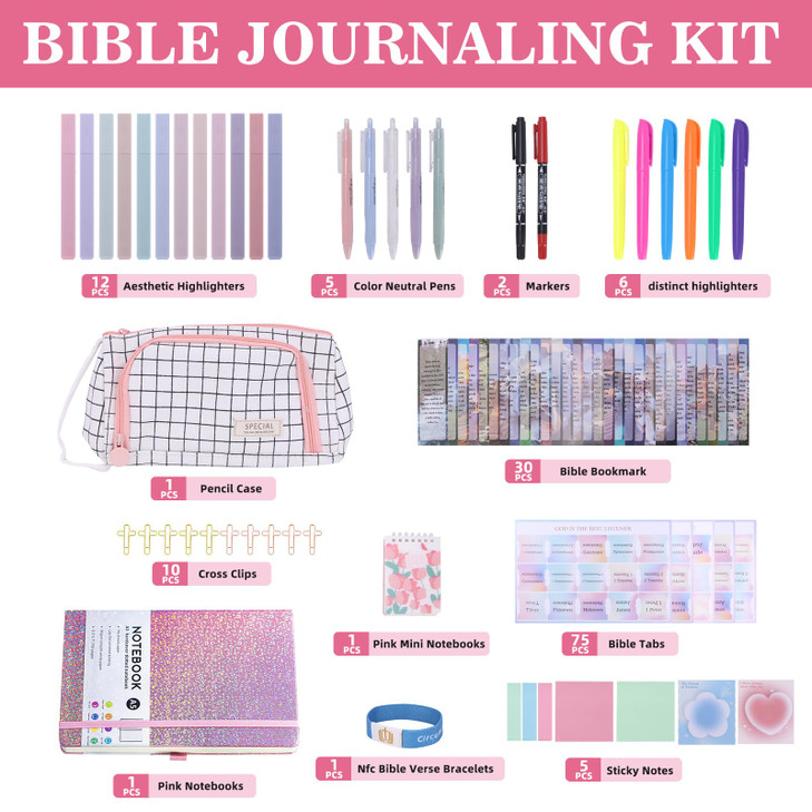 Bible Study Supplies with Daily Bible Verse Bracelets,Bible Journaling Kit for Women with Tabs Notebook and Pen Case Bible Bookmarks highlighters.Bib