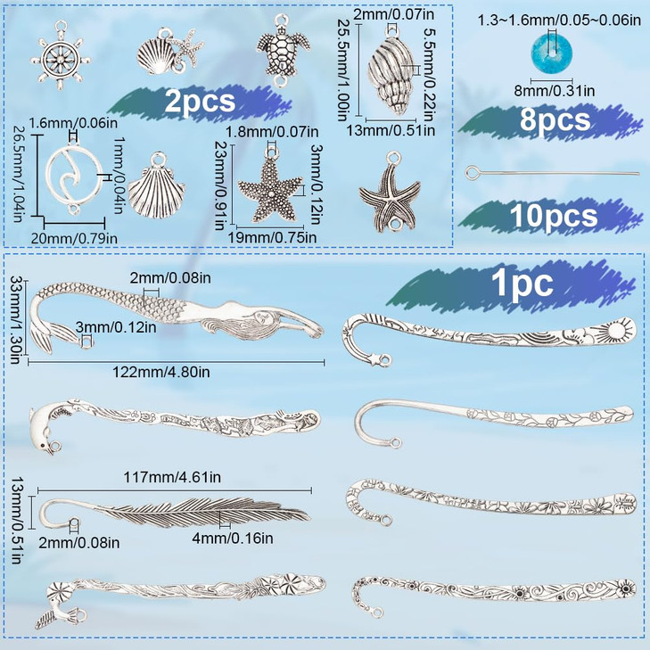 SUNNYCLUE 1 Box DIY 8 Sets Ocean Theme Bookmark Making Kits Metal Bookmarks Bulk Metal Hook Bookmark Sea Turtle Starfish Shell Charms Summer Hawaii B
