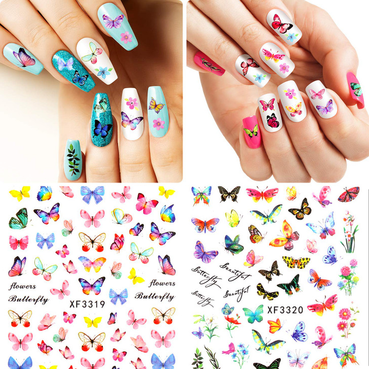 24 Sheets Colorful Butterfly Flower Nail Stickers - Mixed Design Self-Adhesive Nail Decals - Butterfly Manicure Sticker for Women - Nail Decorations