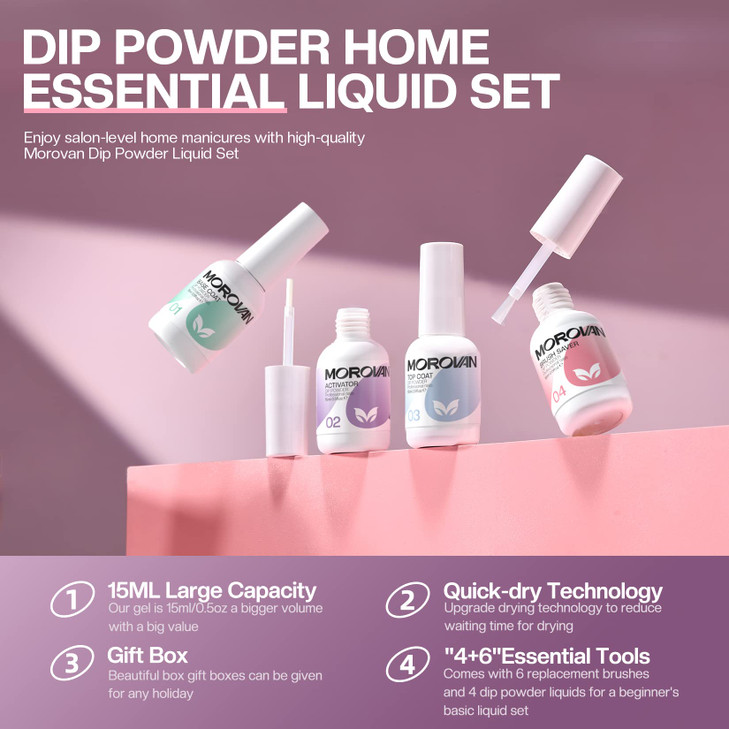 Morovan Dip Powder Liquid Set with Activator Base Top Coat and Dipping Powder Brush Saver 4pcs 0.5oz for Dip Nail Kit